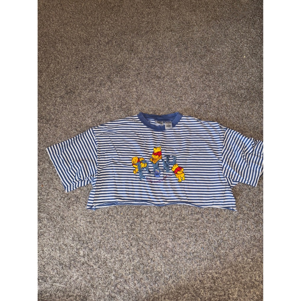 Vintage Disney Store Winnie the Pooh Striped Crop Top Blue White Embroidered XL